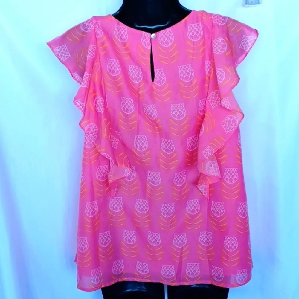 J. Marie Pink Orange THE EMMIE Maeve RUFFLE TOP, Lined, M, 19
